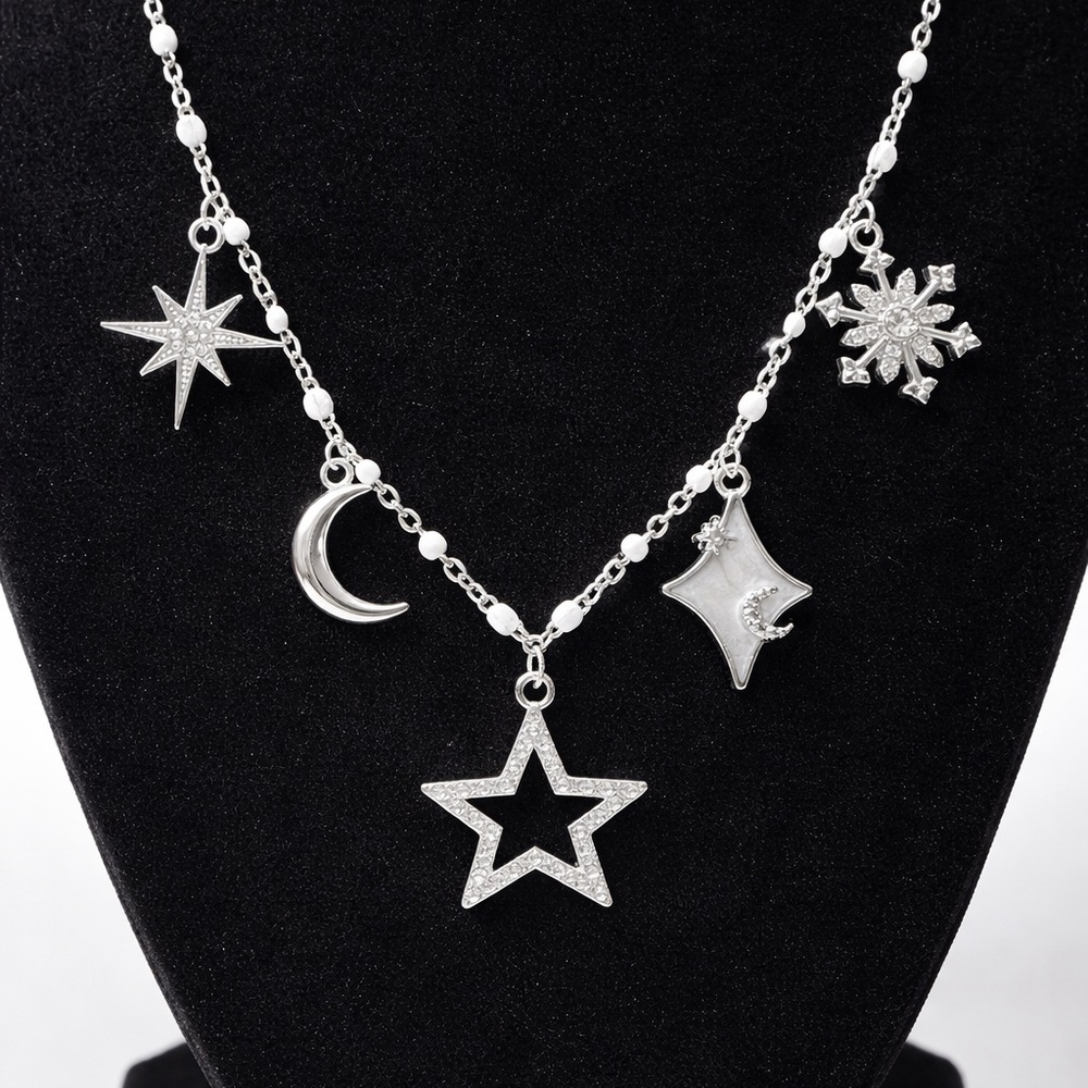 Hand Made, Stainless Steel Star and Moon Charm Necklace